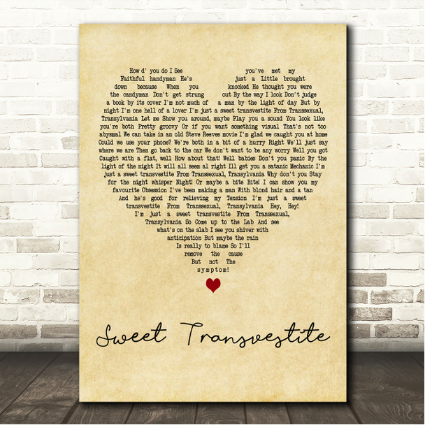Tim Curry Sweet Transvestite Vintage Heart Song Lyric Wall Art Canvas Framed Print