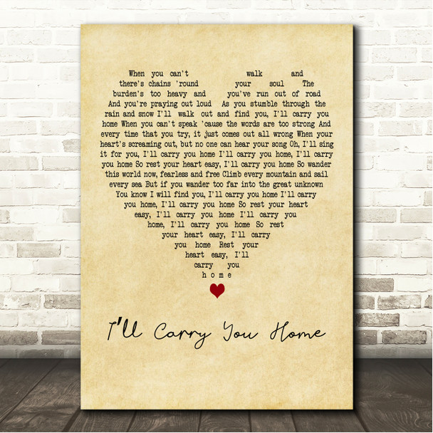 Trisha Yearwood Ill Carry You Home Vintage Heart Song Lyric Wall Art Canvas Framed Print
