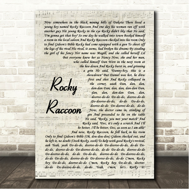 The Beatles Rocky Raccoon Vintage Script Song Lyric Wall Art Canvas Framed Print