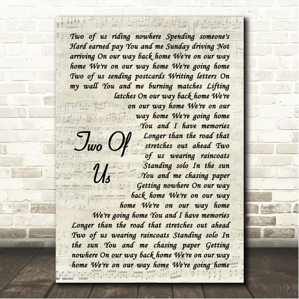 The Beatles Two Of Us Vintage Script Song Lyric Wall Art Canvas Framed Print
