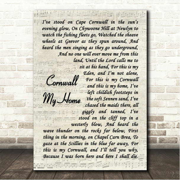 The Countrymen Cornwall My Home Vintage Script Song Lyric Wall Art Canvas Framed Print