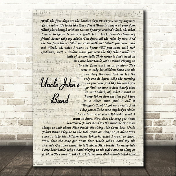 The Grateful Dead Uncle Johns Band Vintage Script Song Lyric Wall Art Canvas Framed Print