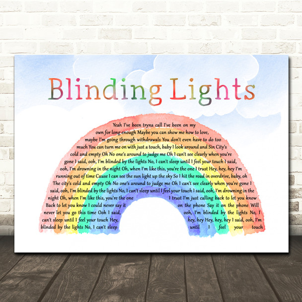 The Weeknd Blinding Lights Watercolour Rainbow & Clouds Song Lyric Wall Art Canvas Framed Print