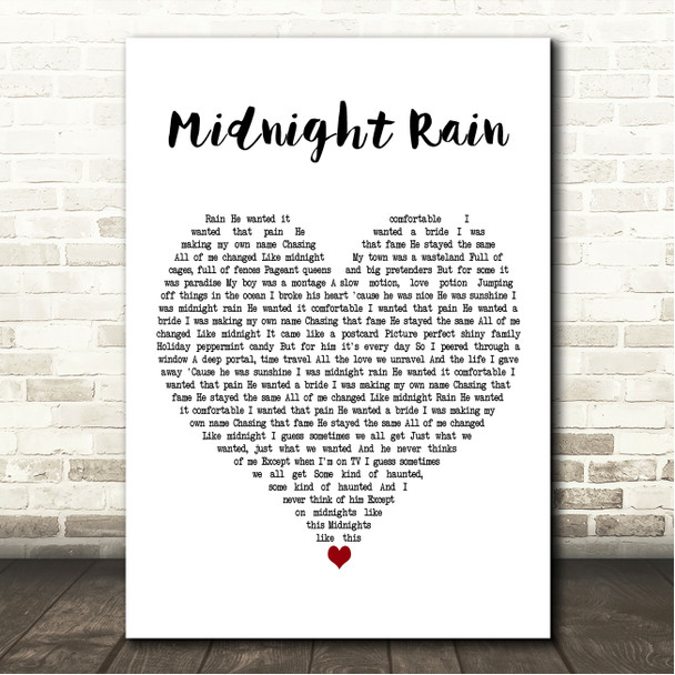 Taylor Swift Midnight Rain White Heart Song Lyric Wall Art Canvas Framed Print