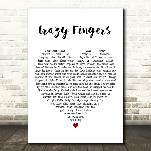 The Grateful Dead Crazy Fingers White Heart Song Lyric Wall Art Canvas Framed Print