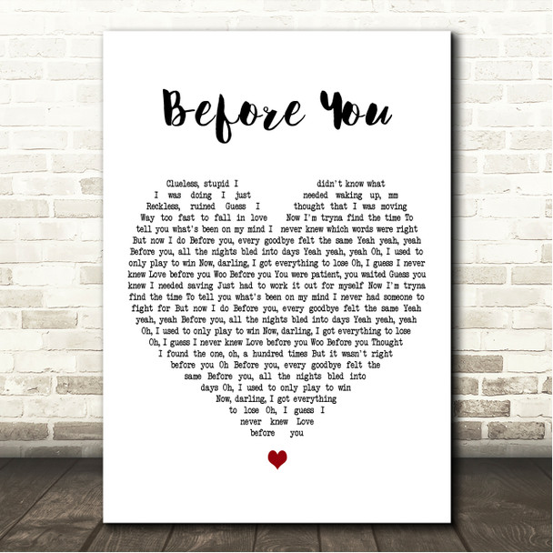 Tom Grennan Before You White Heart Song Lyric Wall Art Canvas Framed Print