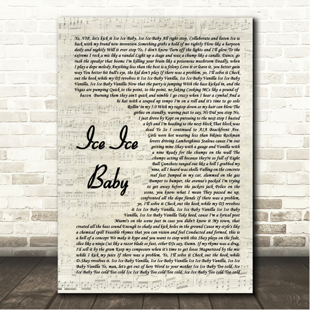 Vanilla Ice Ice Ice Baby Vintage Script Song Lyric Wall Art Canvas Framed Print
