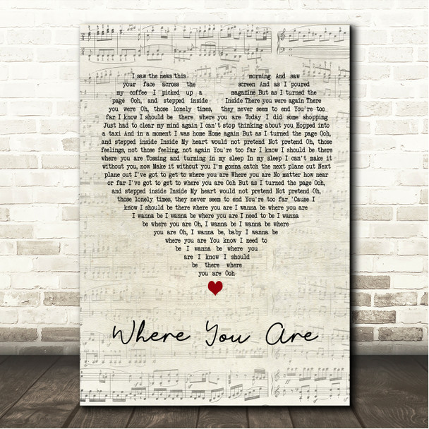 Whitney Houston Where You Are Script Heart Song Lyric Wall Art Canvas Framed Print