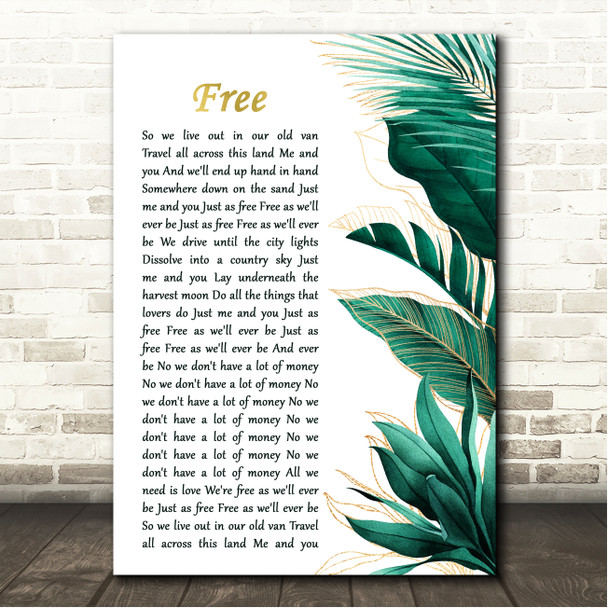 Zac Brown Band Free Gold Green Botanical Leaves Side Script Song Lyric Wall Art Canvas Framed Print