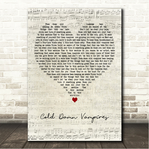 Zach Bryan Cold Damn Vampires Script Heart Song Lyric Wall Art Canvas Framed Print