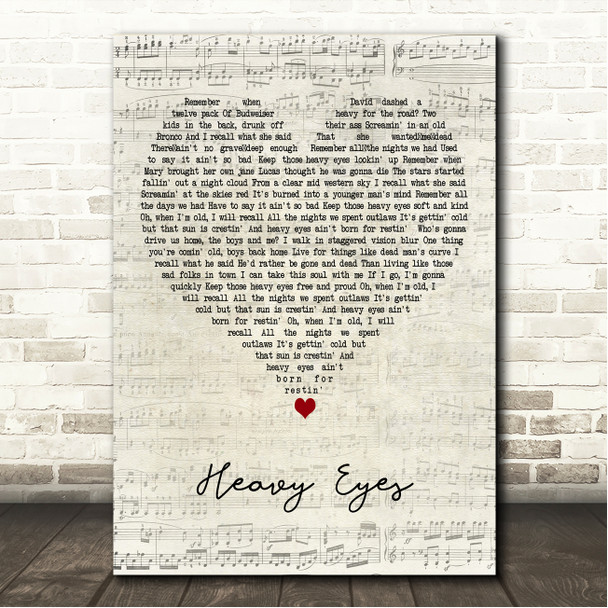 Zach Bryan Heavy Eyes Script Heart Song Lyric Wall Art Canvas Framed Print