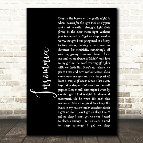 Faithless Insomnia Black Script Song Lyric Quote Print
