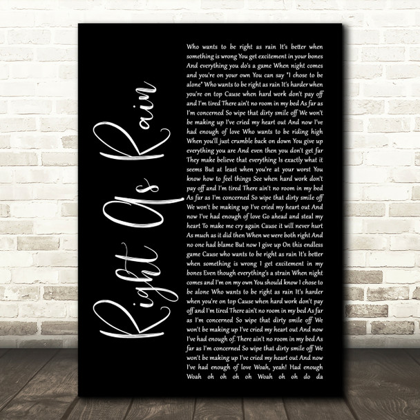 Adele Right As Rain Black Script Song Lyric Quote Print