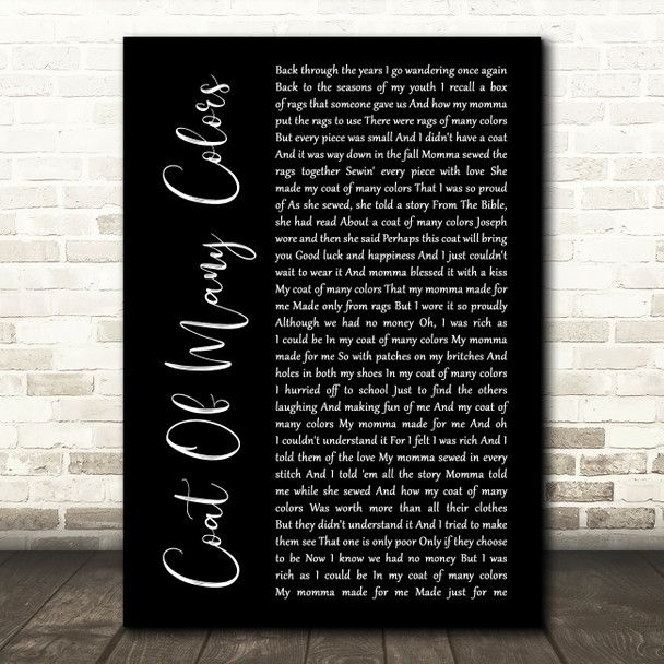 Dolly Parton Coat Of Many Colors Black Script Song Lyric Quote Print