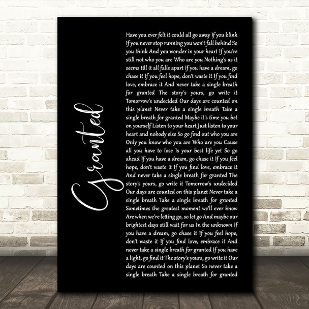 Josh Groban Granted Black Script Song Lyric Print