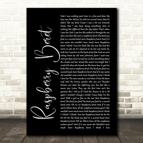 Prince Raspberry Beret Black Script Song Lyric Print