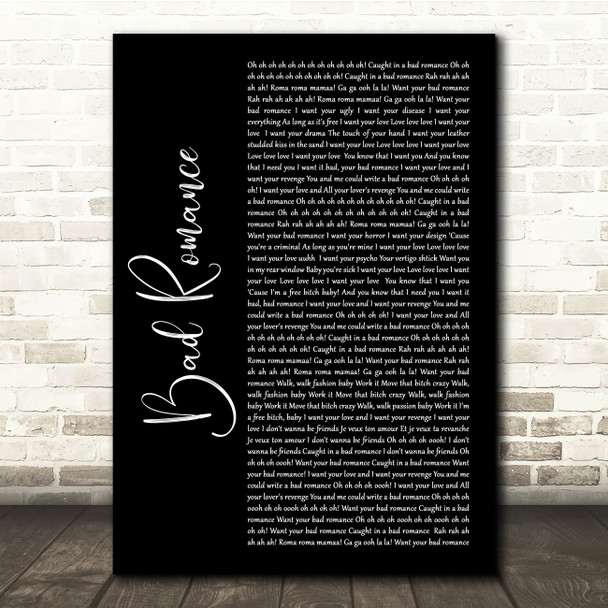 Lady Gaga Bad Romance Black Script Song Lyric Quote Music Print