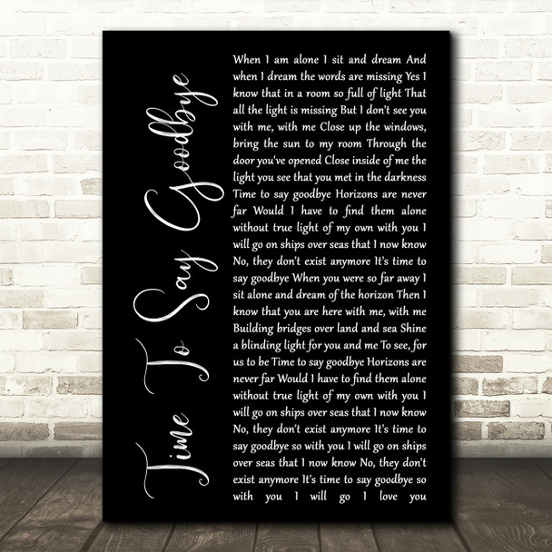 Sarah Brightman Time To Say Goodbye Black Script Song Lyric Quote Print