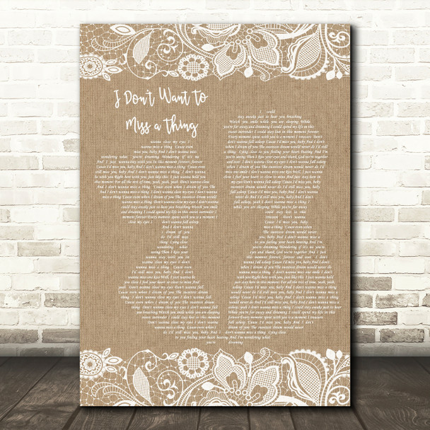 Aerosmith I Don't Want To Miss A Thing Burlap & Lace Song Lyric Quote Print