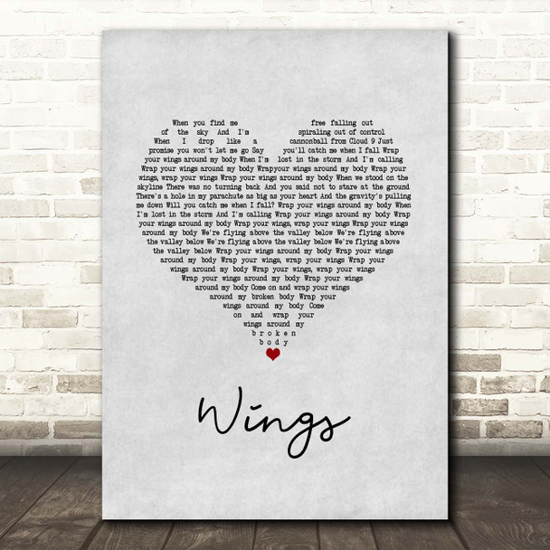 Hurts Wings Grey Heart Song Lyric Print