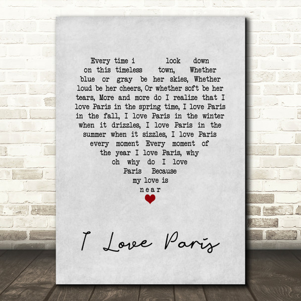 Ella Fitzgerald I Love Paris Grey Heart Song Lyric Wall Art Print