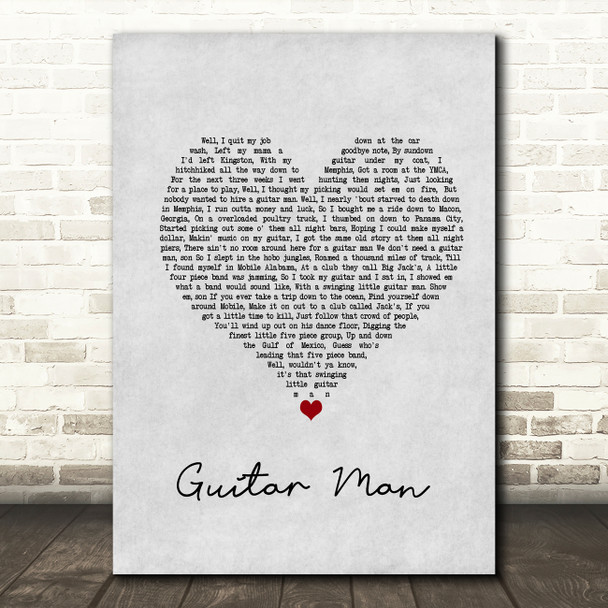 Elvis Presley Guitar Man Grey Heart Song Lyric Wall Art Print