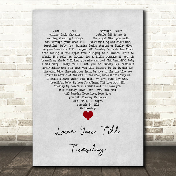 David Bowie Love You Till Tuesday Grey Heart Song Lyric Quote Music Print
