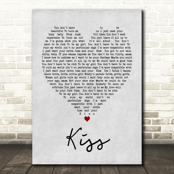 Prince Kiss Grey Heart Song Lyric Quote Print