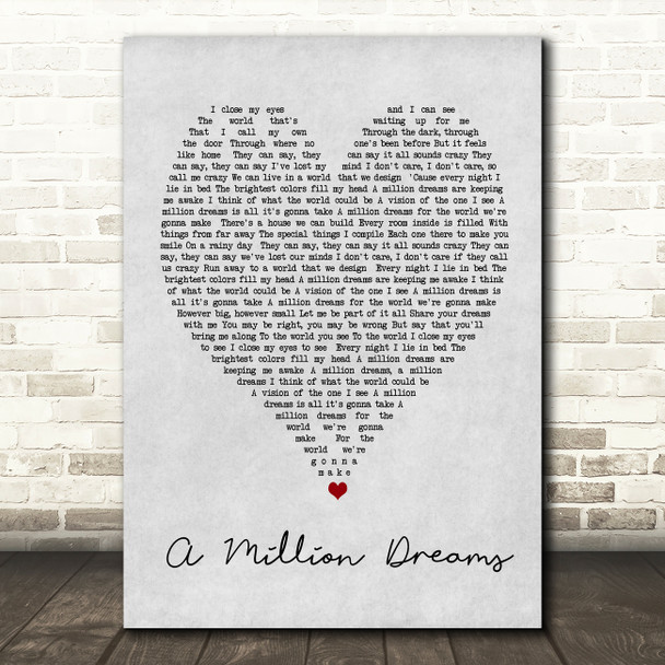 A Million Dreams The Greatest Showman Grey Heart Song Lyric Quote Print