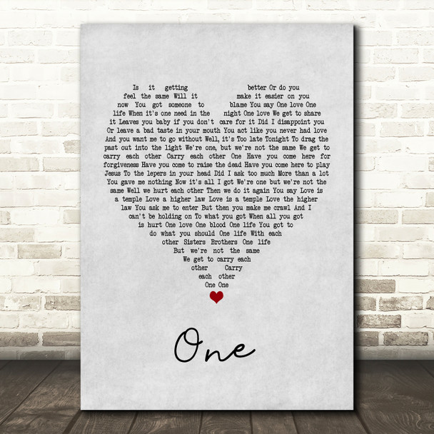 U2 One Grey Heart Quote Song Lyric Print