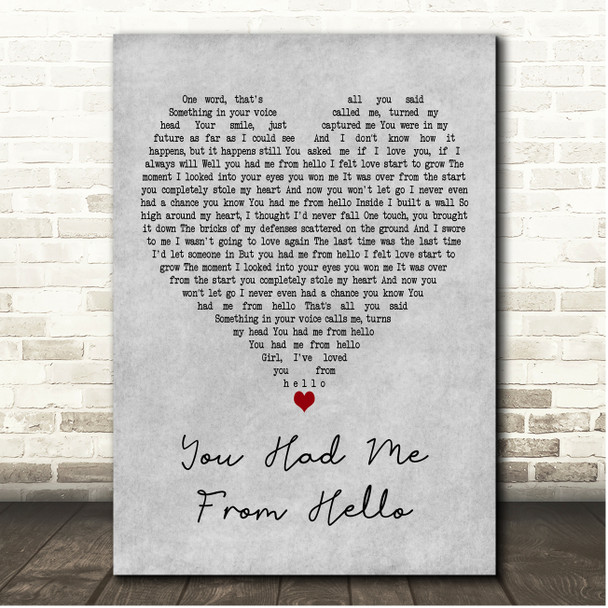 Kenny Chesney You Had Me From Hello Grey Heart Song Lyric Print