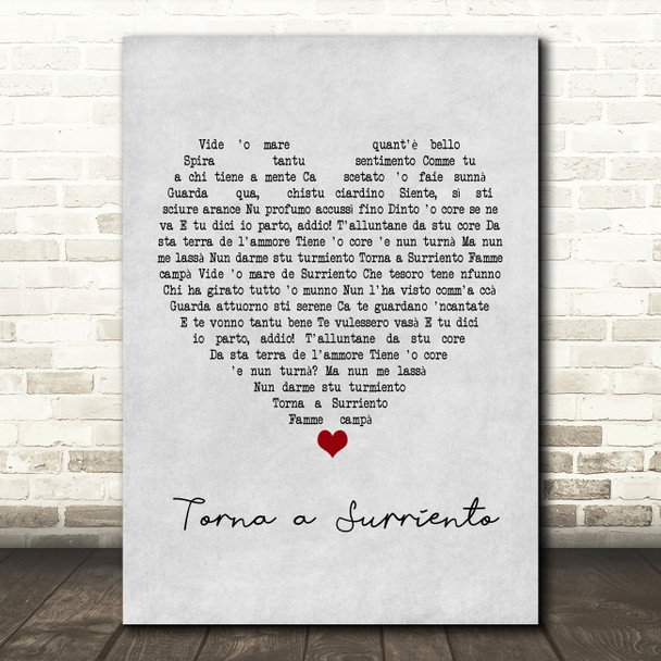 Luciano Pavarotti Torna a Surriento Grey Heart Song Lyric Print