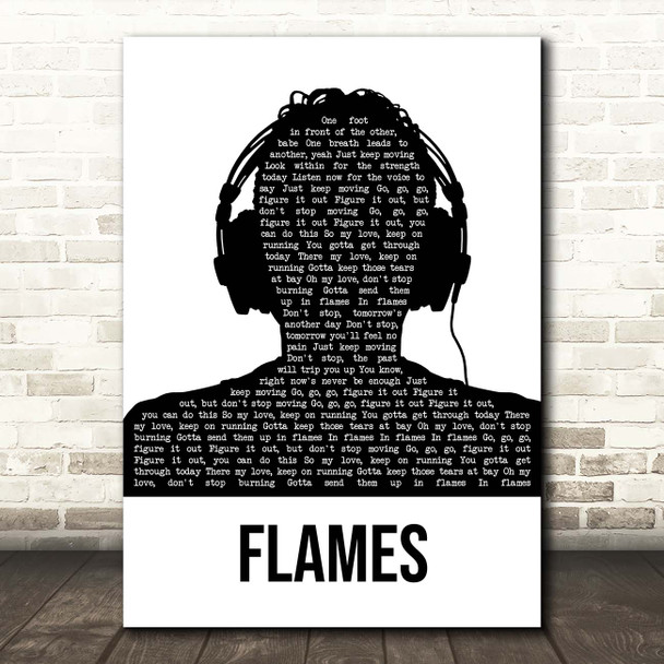 David Guetta & Sia Flames Black & White Man Headphones Song Lyric Print
