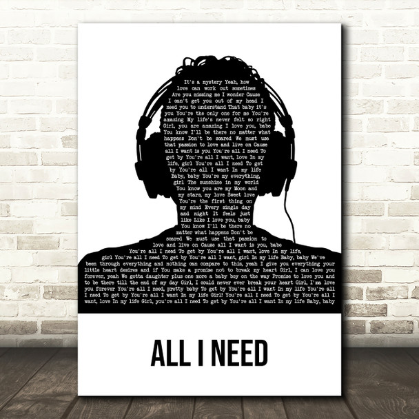 The Green (band) All I Need Black & White Man Headphones Song Lyric Wall Art Print