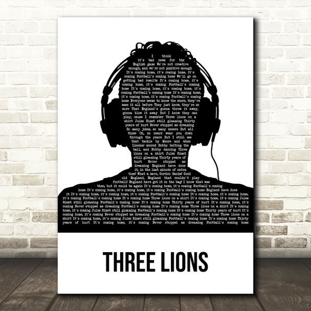 The Lightning Seeds Three Lions Black & White Man Headphones Song Lyric Music Art Print