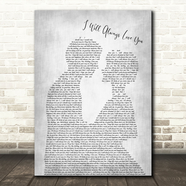 Whitney Houston I Will Always Love You Man Lady Bride Groom Wedding Grey Print