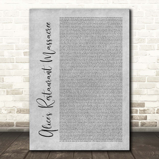Arlo Guthrie Alice's Restaurant Massacree Grey Rustic Script Song Lyric Print