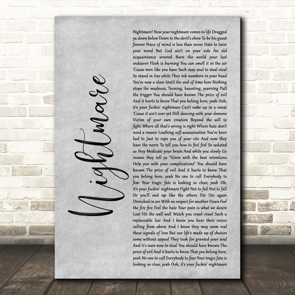 Avenged Sevenfold Nightmare Grey Rustic Script Song Lyric Print