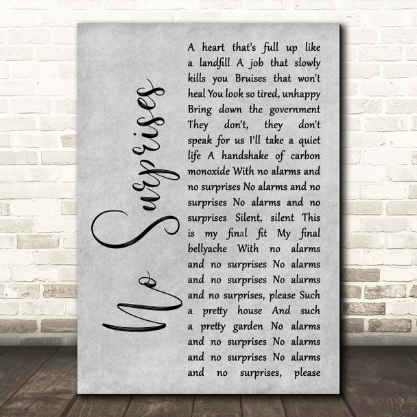 Radiohead No Surprises Grey Rustic Script Song Lyric Print