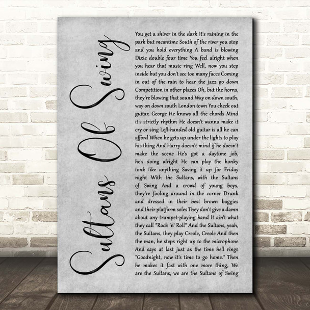 Dire Straits Sultans Of Swing Grey Rustic Script Song Lyric Print