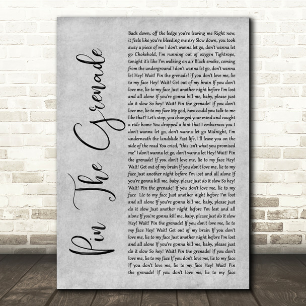 Blink-182 Pin The Grenade Grey Rustic Script Song Lyric Quote Music Print
