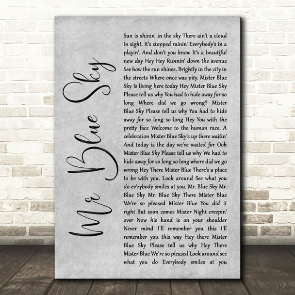 ELO Mr Blue Sky Grey Rustic Script Song Lyric Quote Music Print