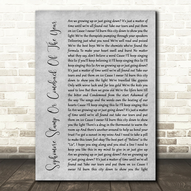 Fall Out Boy Sophomore Slump Or Comeback Of The Year Grey Rustic Script Song Lyric Quote Music Print