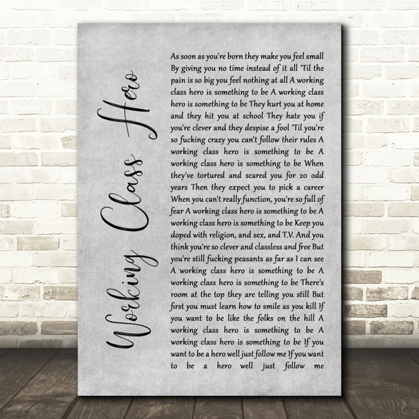John Lennon Working Class Hero Grey Rustic Script Song Lyric Quote Music Print