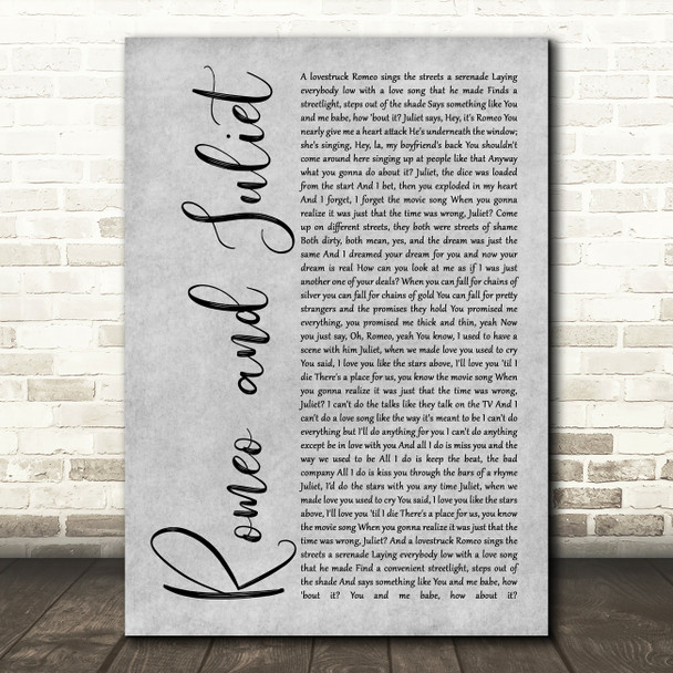 Dire Straits Romeo And Juliet Rustic Script Grey Song Lyric Quote Print
