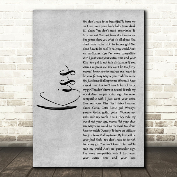 Prince Kiss Rustic Script Grey Song Lyric Quote Print