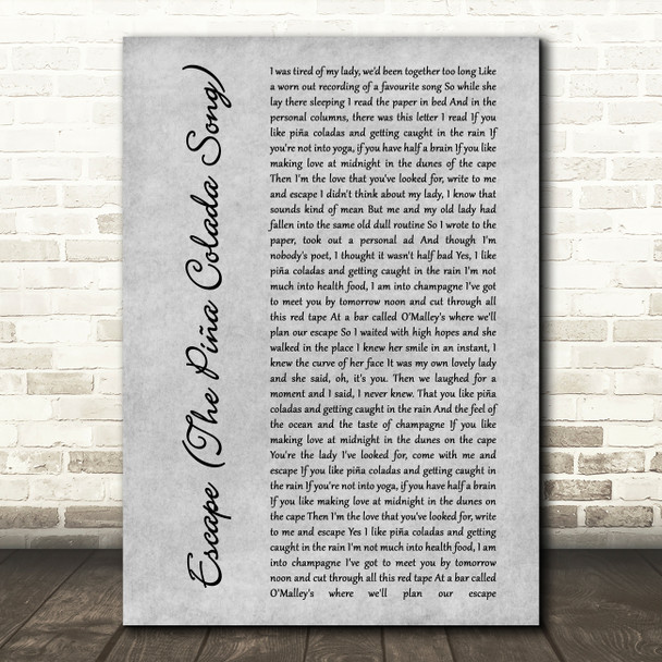 Rupert Holmes Escape (The Piña Colada Grey Song) Rustic Script Grey Song Print