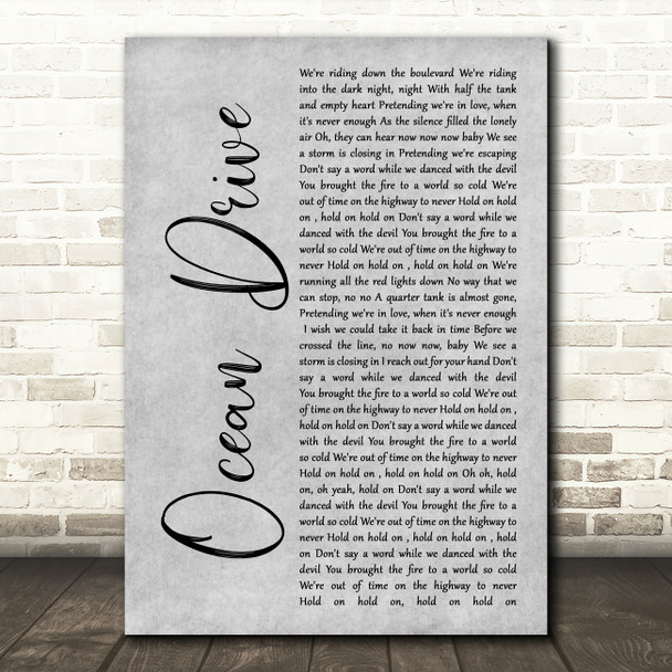 Duke Dumont Ocean Drive Rustic Script Grey Song Lyric Print