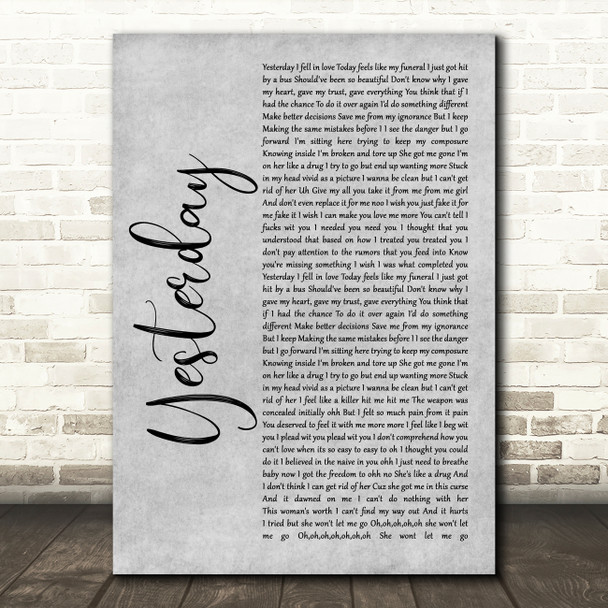 Diddy - Dirty Money feat. Chris Brown Yesterday Grey Rustic Script Song Lyric Music Art Print