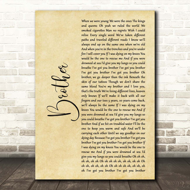 Kodaline Brother Rustic Script Song Lyric Print